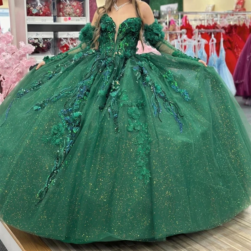 

Emerald Green Shiny Princess Quinceanera Dress Off The Shoulder Ball Gown Lace Applique Beading Tull Corset Sweet 16 Vestido 15