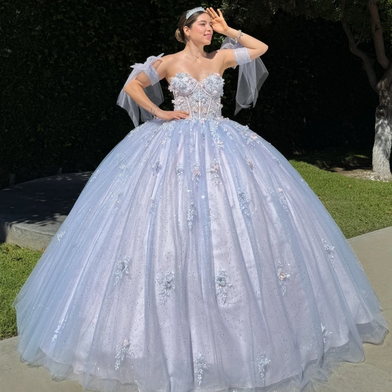 

Light Blue Shiny Princess Sweet 16 Dress Dress Quinceanera Dresses Applique Flower Beads Tull Party Birthday Vestidos 15 De Anos