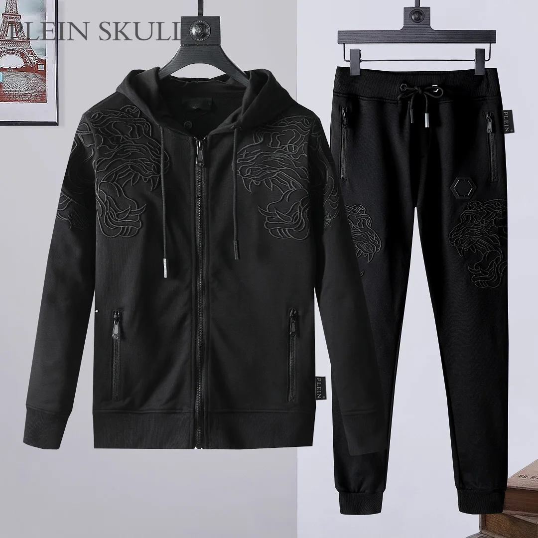 

Plein Skull 2025 Spring and Autumn New Round Neck Hooded Suit for Men's Casual Daily Coat Zipper Outdoor Cycling Hip Hop Set