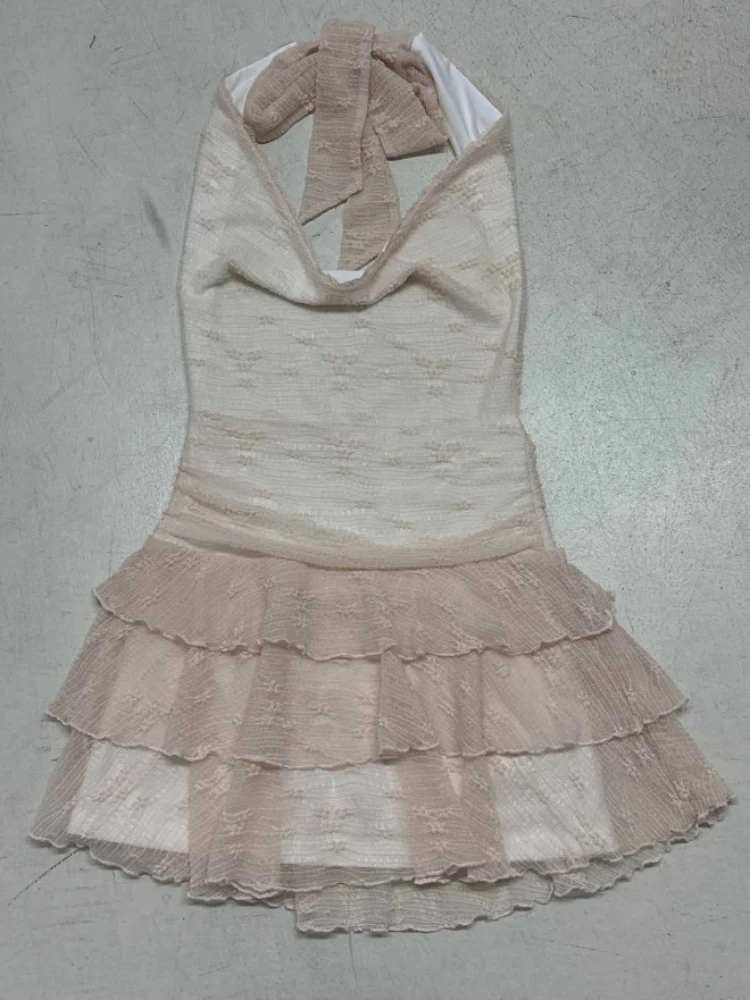 SsTss 夏ロマンチックなライトピンクのレースのホルタードレス女性のセクシーなレースアップディープ V ノースリーブバックレススリムティアードフリルミニドレス