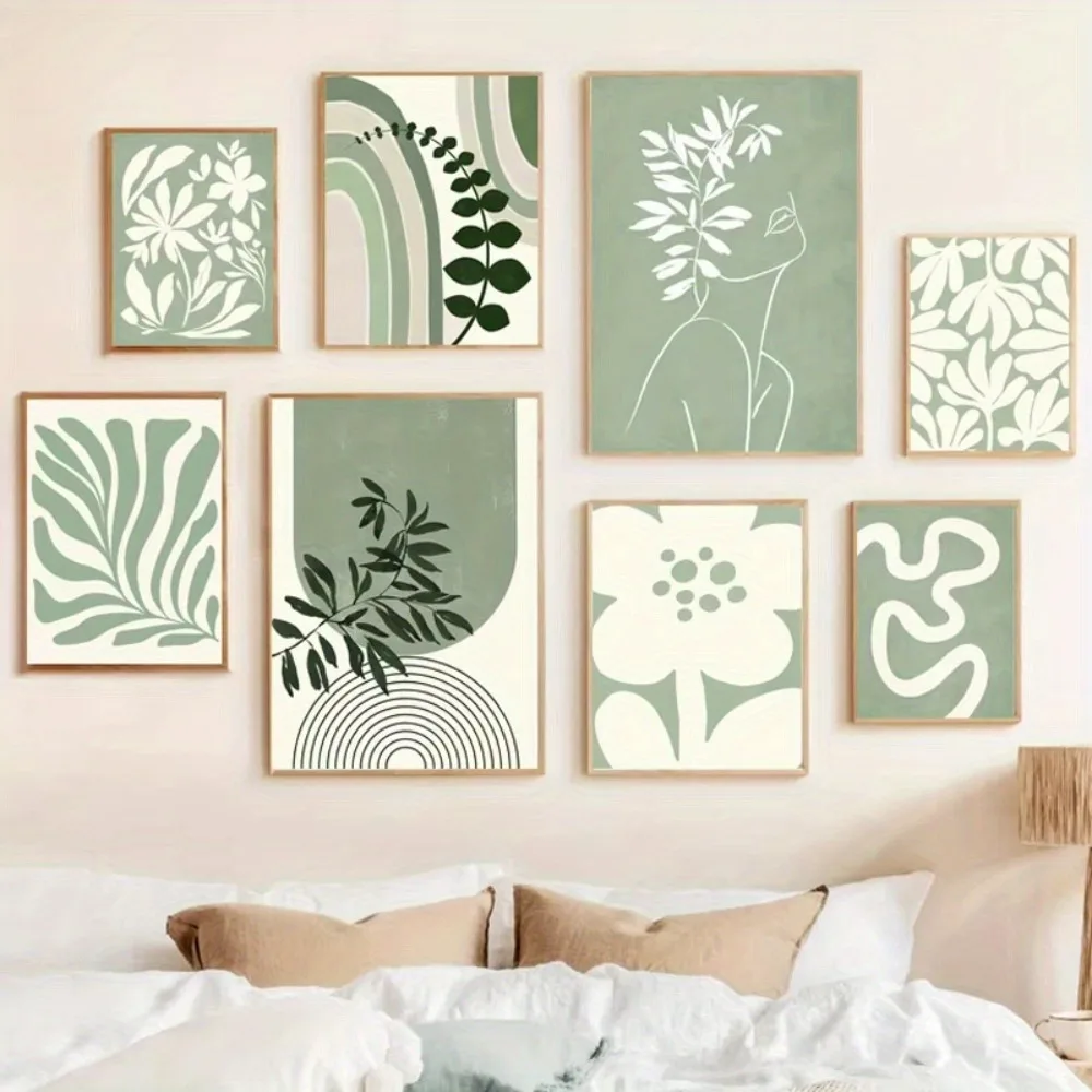 1pc frameless Canvas Painting 1pc Frameless 1pc Frameless Bohemian Green Leaves and Flowers Abstract Canvas Art Printing,Living