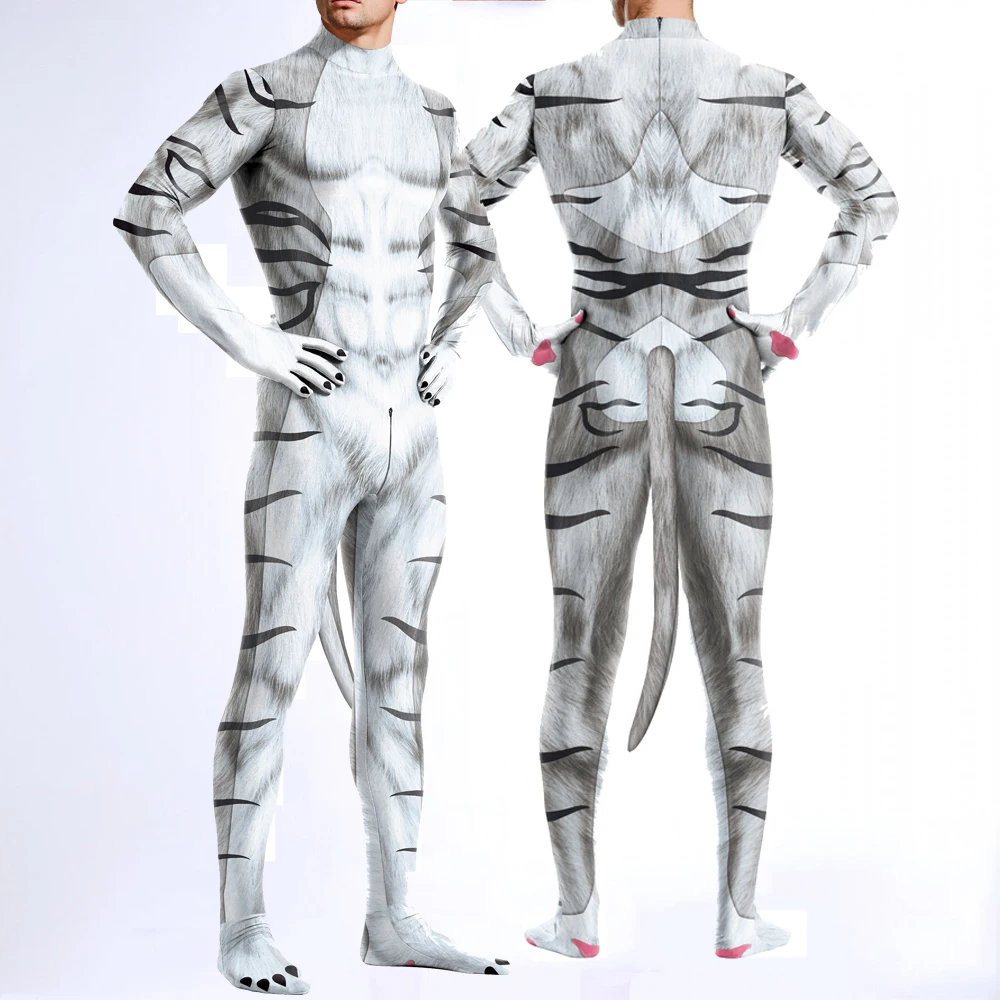 Zawaland Cosplay Dier Witte Tijgerprint Met Staart Mannen Kostuum Kruis Zip Jumpsuit Zentai Bodysuit Halloween Carnaval Kleding