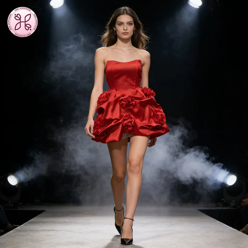 

2026 Spring New Women's Clothing Heavy Duty 3D Floral Embellished French Red Palace Style Gown, Tulle Ball Mini Dress