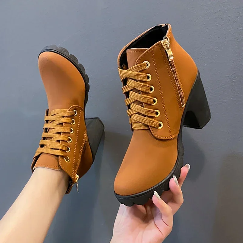 New Autumn Winter Women Pumps Boots High Quality Lace-up European Ladies Ankle Boots PU High Heels Boots Fast Delivery