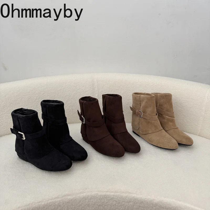 Botines de Ante para Mujer con Punta Redonda, Plantilla Elevada Oculta, Correa con Hebilla Metálica, Botines Cortos Vintage para Otoño e Invierno, Zapatos Cálidos de Felpa
