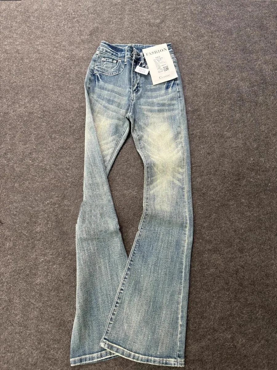 

Retro Blue Flared Jeans Men's American Vibe Washed Pattern Straight Leg Trousers Youth Fashion Loose Fit Comfortable Jeans