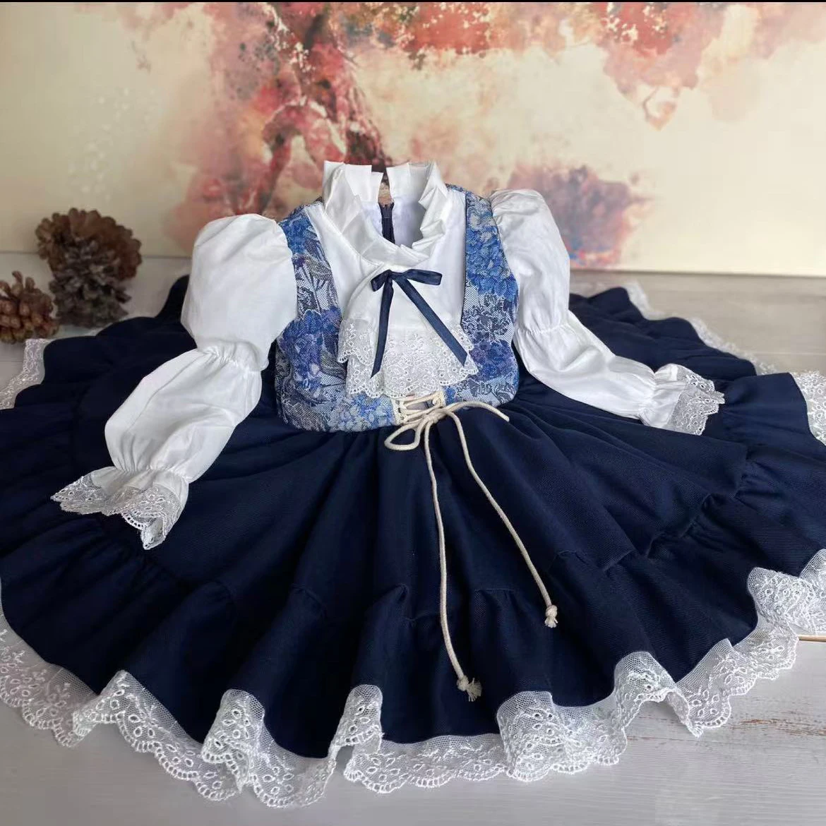 0-12Y Baby Girl Autumn Navy Blue Turkish Vintage Princess Dress for Birthday Photography Holiday Casual Eid  C155