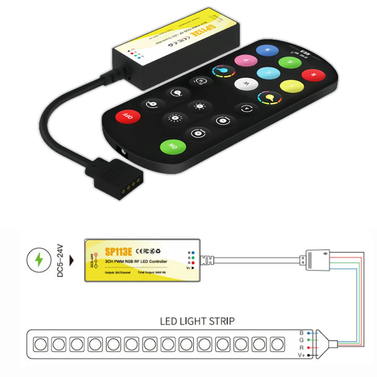 SP113E 3-Kanal-PWM-RGB-Controller – DC5–24 V LED-Streifentreiber mit vorinstallierten Farbeffekten