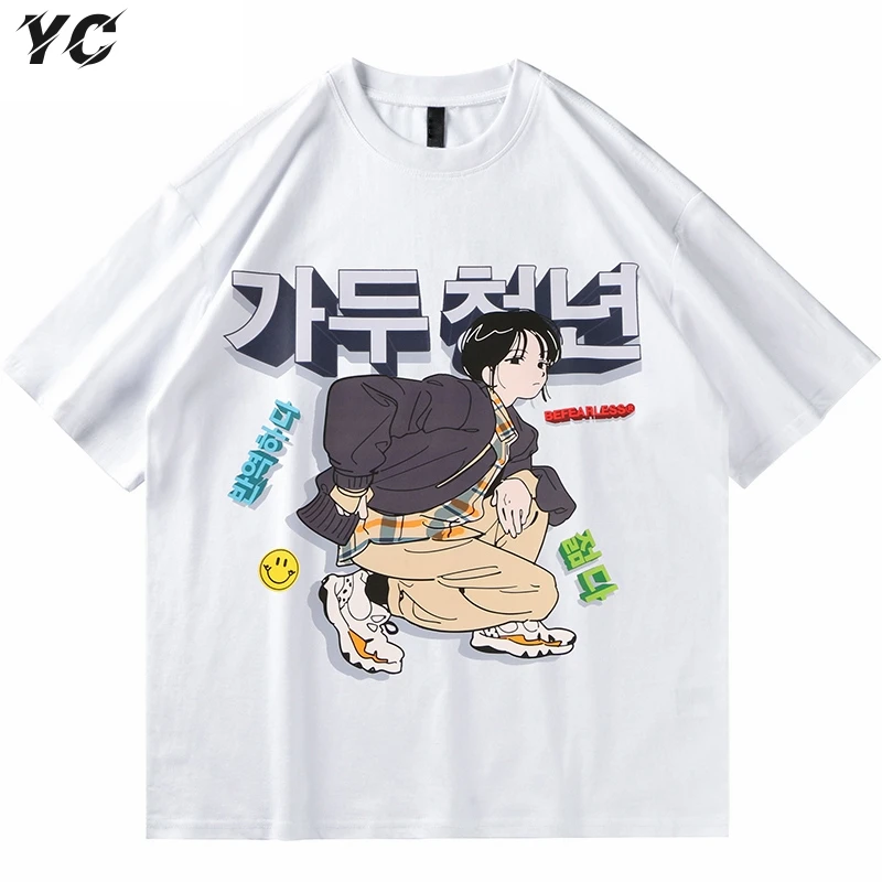 Harajuku Female T-Shirt Cartoon Korean Print Tshirt Men Hip Hop Cotton Casual 2021 Summer Short Sleeve T Shirt Streetwear Tees