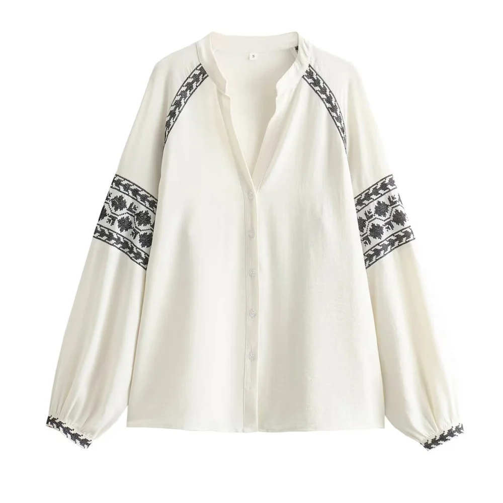 Taop&Za 2024 Summer New Product Women\'s Fashion and Casual Versatile Long sleeved Contrast Embroidered Cover up Shirt