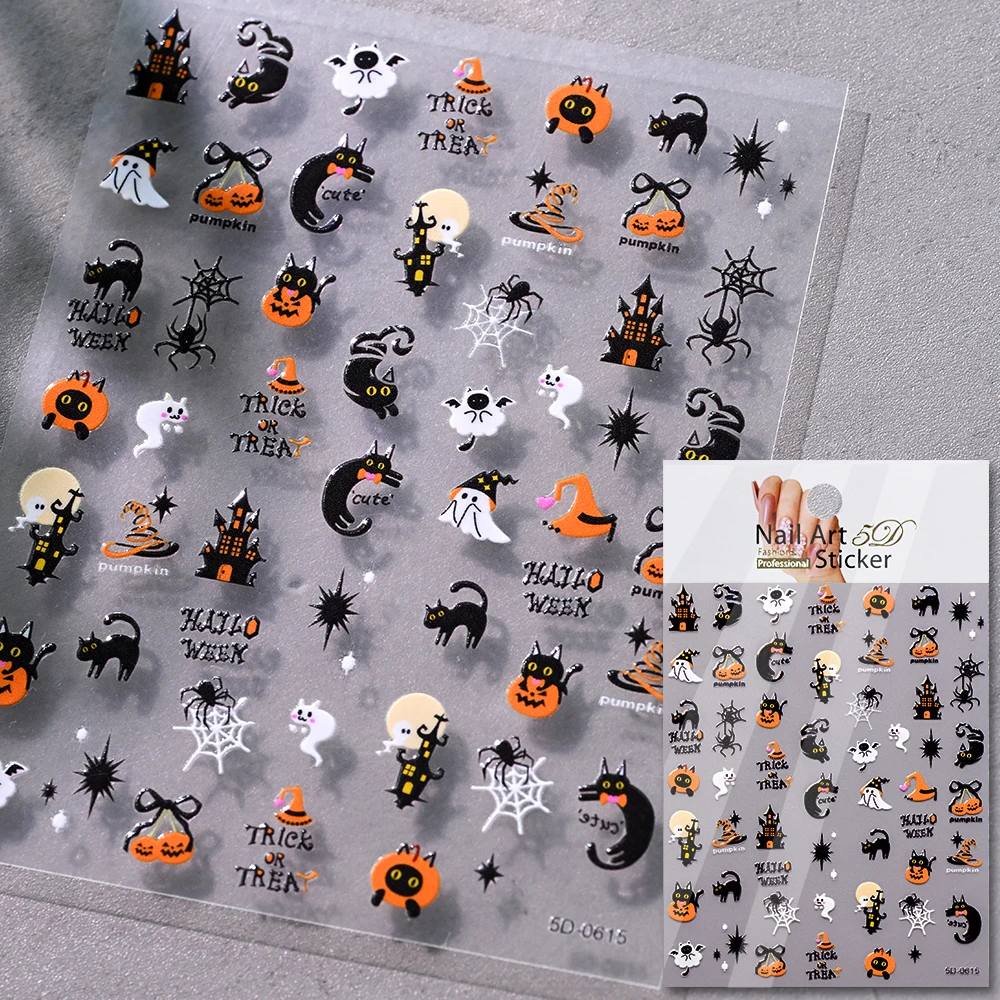 1 Stück 5D Schwarze Halloween-Spinnen-Nagelaufkleber mit verschiedenen Designs: Fledermaus/Geistergesicht/Kürbis/Totenkopf, selbstklebende Slider, DIY-Nagelzubehör