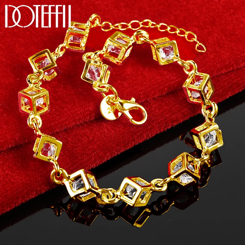 

DOTEFFIL 18K Gold 925 Sterling Silver Square AAA Zircon Chain Bracelet For Women Wedding Engagement Party Fashion Jewelry