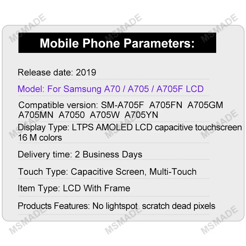 AMOLED For Samsung Galaxy A70 LCD SM-A705F/DS SM-A705FN/DS Display Touch Screen Digitizer Replacement For Samsung SM-A705W LCD