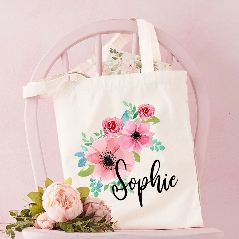 Personalized Flower with Name Shoulder Bags Customized Canvas Bags Women Harajuku Tote Bridesmaid Birthday Wedding Gifts for Her