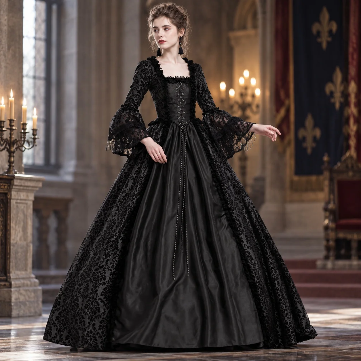 Patchwork Flared Sleeve Dress Maxi Length Literary Retro with High Waist Long Sleeve Long Dress Sexy Court Style Medieval Winter