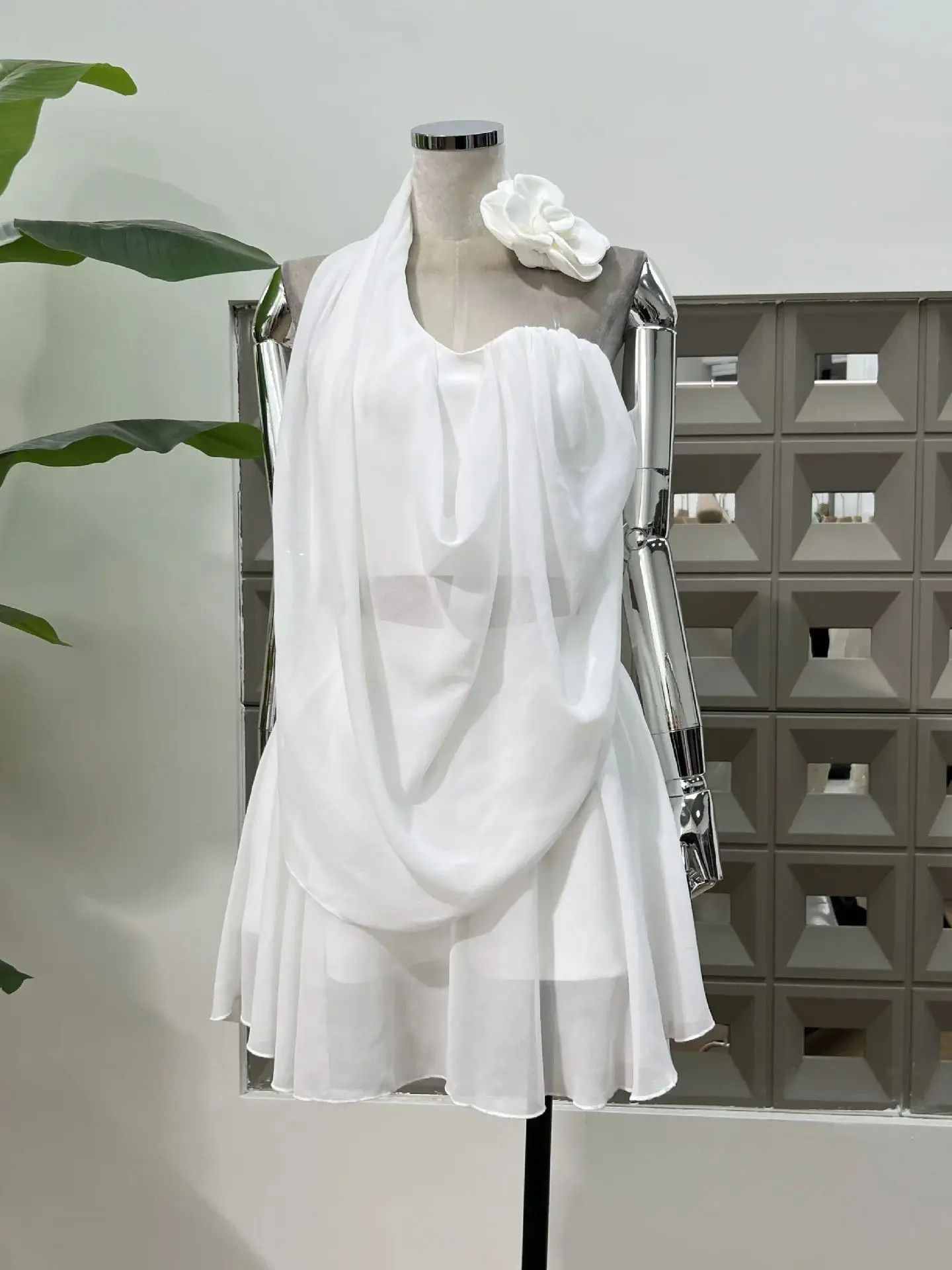 

Summer New Minimalist Women Dresses Blouse V-Neck Sleeveless Floral Solid Color Fashion Sexy Elegant Luxury Party Ball Gown Set