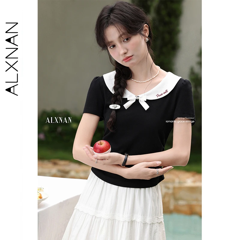 

ALXNAN женская черная футболка нестандартной формы, повседневная облегающая хлопковая футболка с темно-синим воротником, летние топы с короткими рукавами, женские L56301 L56160