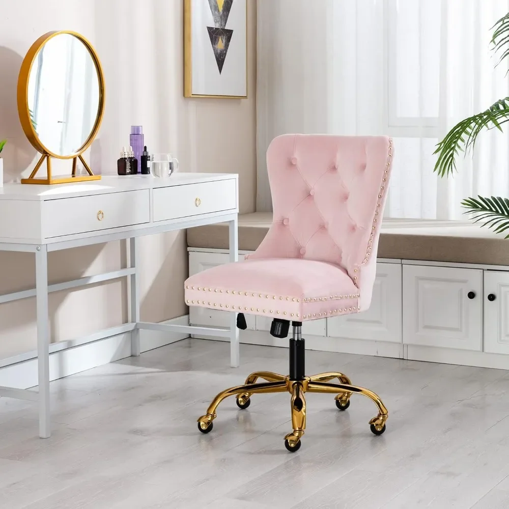 

Velvet Home Office, Upholstered Adjustable Swivel Desk Chair with Gold Base, Tufted Study with Comfy High Back for Teens Study