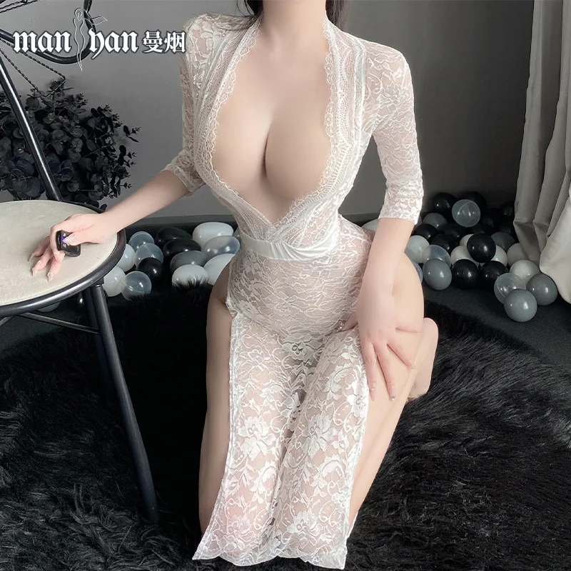 Sleepwear Night Dress Erotic Sexy Women Lingerie Lace Ruffles Robe See-through Open Front Soft Underwear Porno Nightclub Uniform