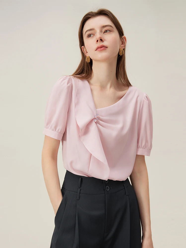 FSLE 【3 Colors】French Ruffled V-neck Shirt For Women Summer Apricot Thin Tarped Short Sleeve Shirts 24FS12187