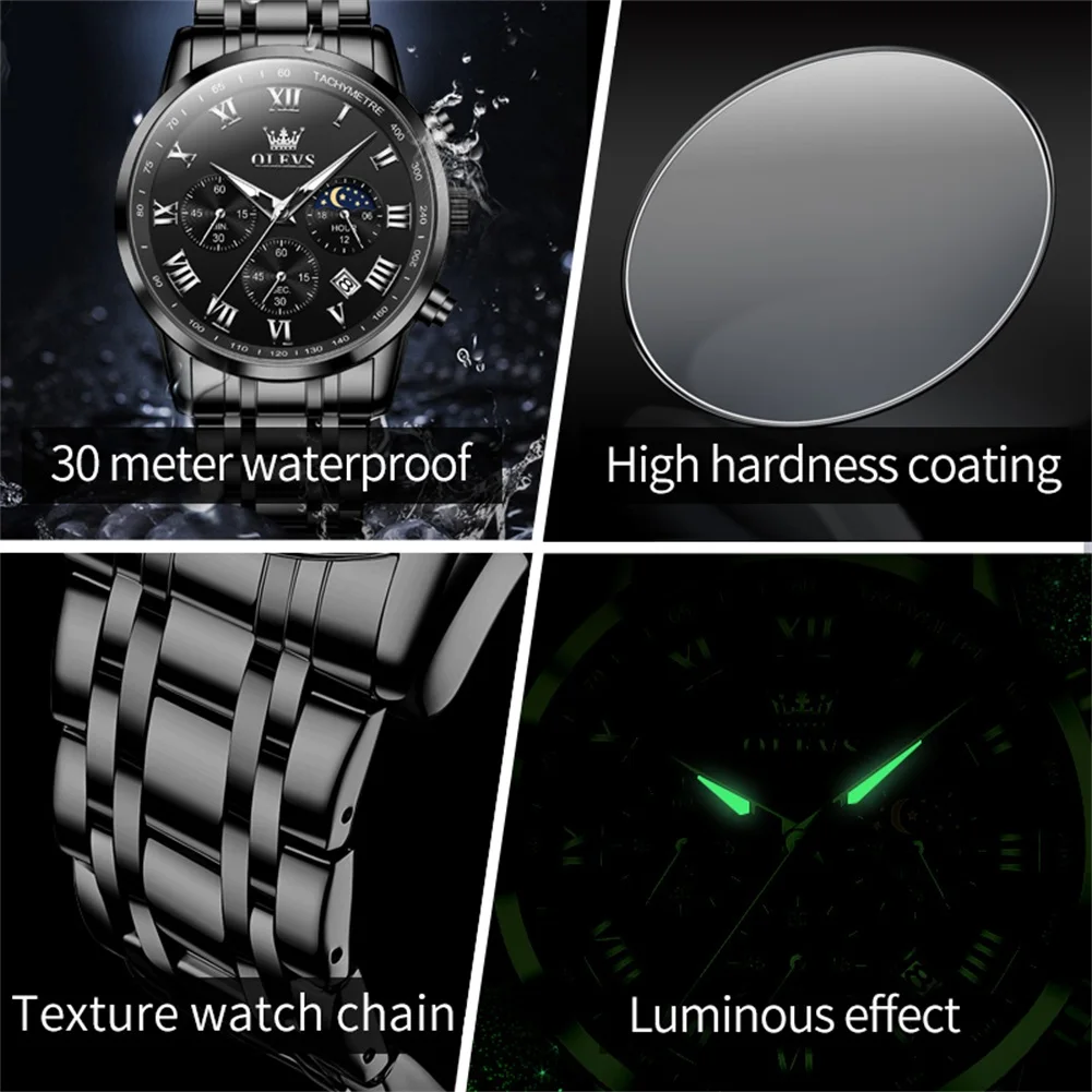 OLEVS 5529 Top Brand Men's Watch Waterproof Luminous Stainless Steel Calendar Window Phase Timing Watch New Quartz Men's Watch view 6