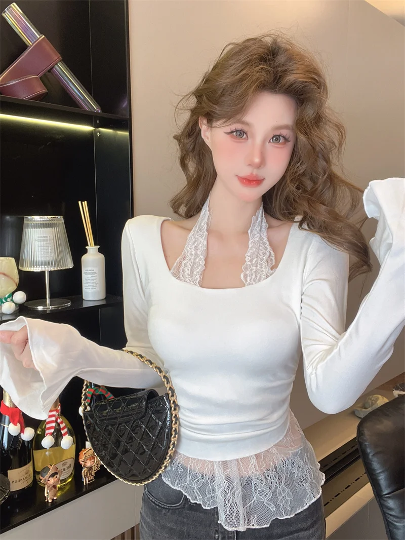 

Design Sensation Lace Splice Cotton T-shirt Women's Winter New Style Fleece Lined Slimming Base Layer Shirt Pure Cotton Top