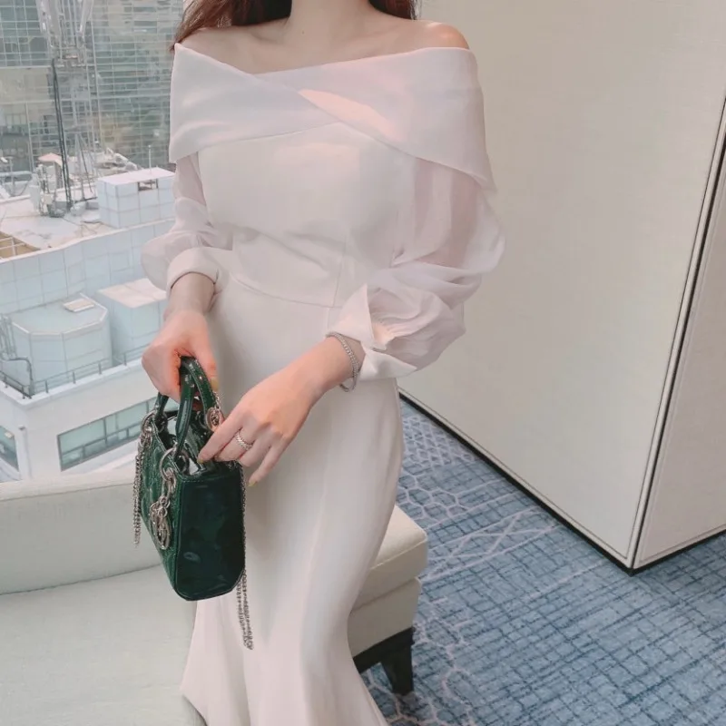 Sexy One Neck Off Shoulder Bubble Sleeves Waist Tie Long Sleeve Fishtail Dress Pink Black Wrap Hip Robe Femme Summer 2024