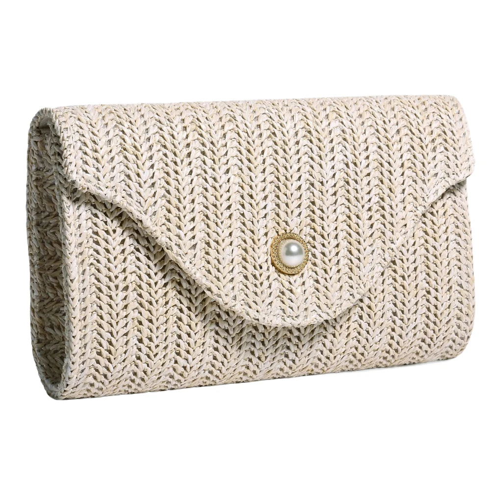 Luxury Evening Raffia Straw Clutch Purses for Women Summer Pearl Evening Handbags Woven Envelope Shoulder Bag for Beach 2024 New