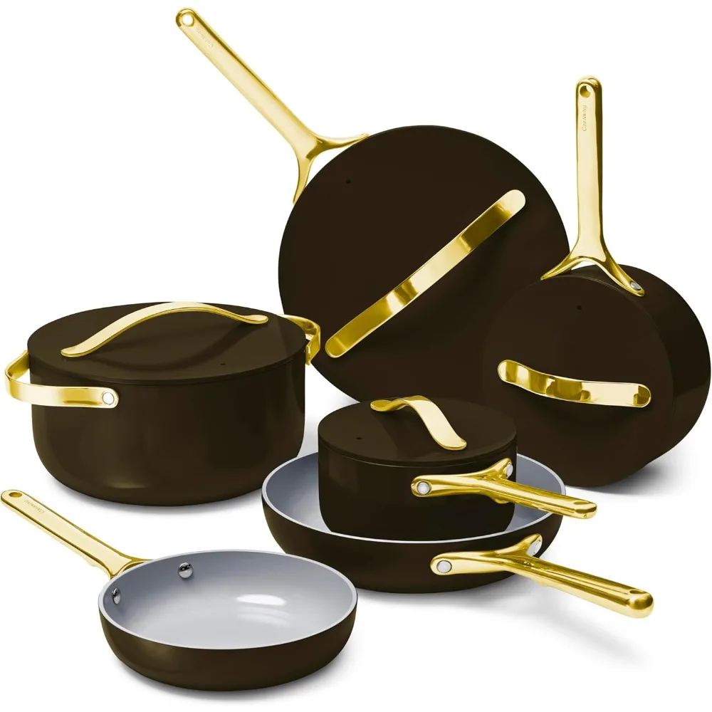 

deluxe nonstick ceramic cookware set (16 piece) pots, frying pans, lids and kitchen storage - pfas & pfoa free - oven safe cera