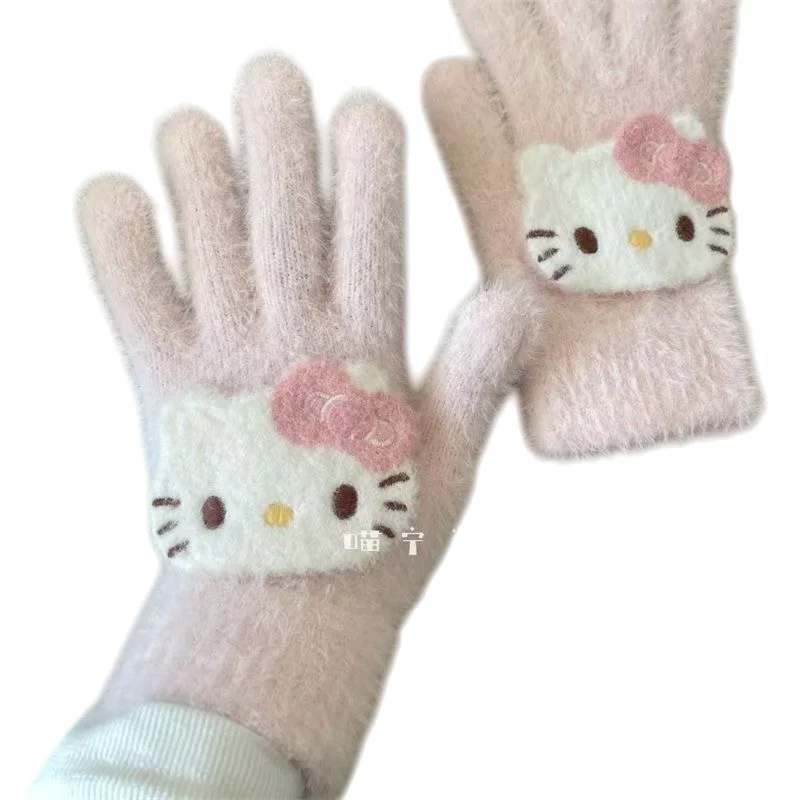 MINISO Sanrio Hello Kitty lindo montar guantes de cinco dedos mujer invierno femenino corazón ciclismo invierno mantener caliente Anime a prueba de viento nuevo