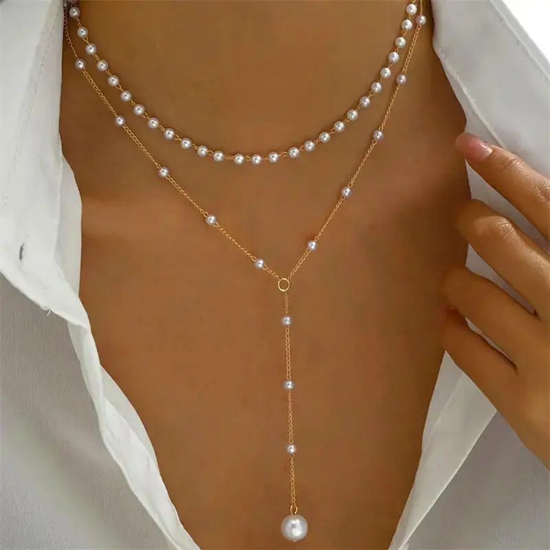 Korean Imitation Pearl Double Layered Choker Fashion Big Ball Bead Pendant Tassel Necklace Women's Sexy Front Chest Body Jewelry