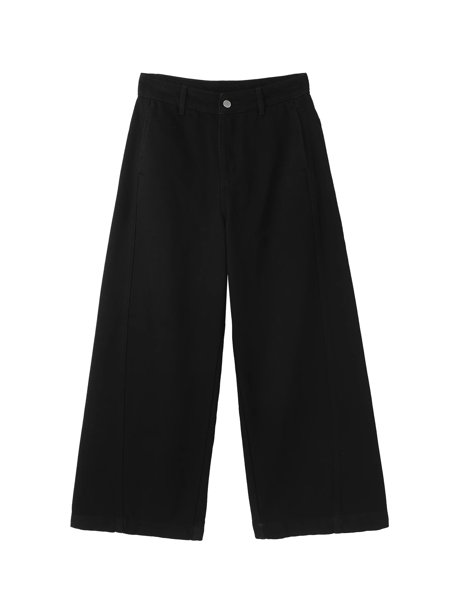 بنطلون جينز نسائي أسود شتوي بخصر عالٍ وقصة مستقيمة، فضفاض وواسع الساق، بطول كامل، بتصميم حافة حادة، من مزيج القطن