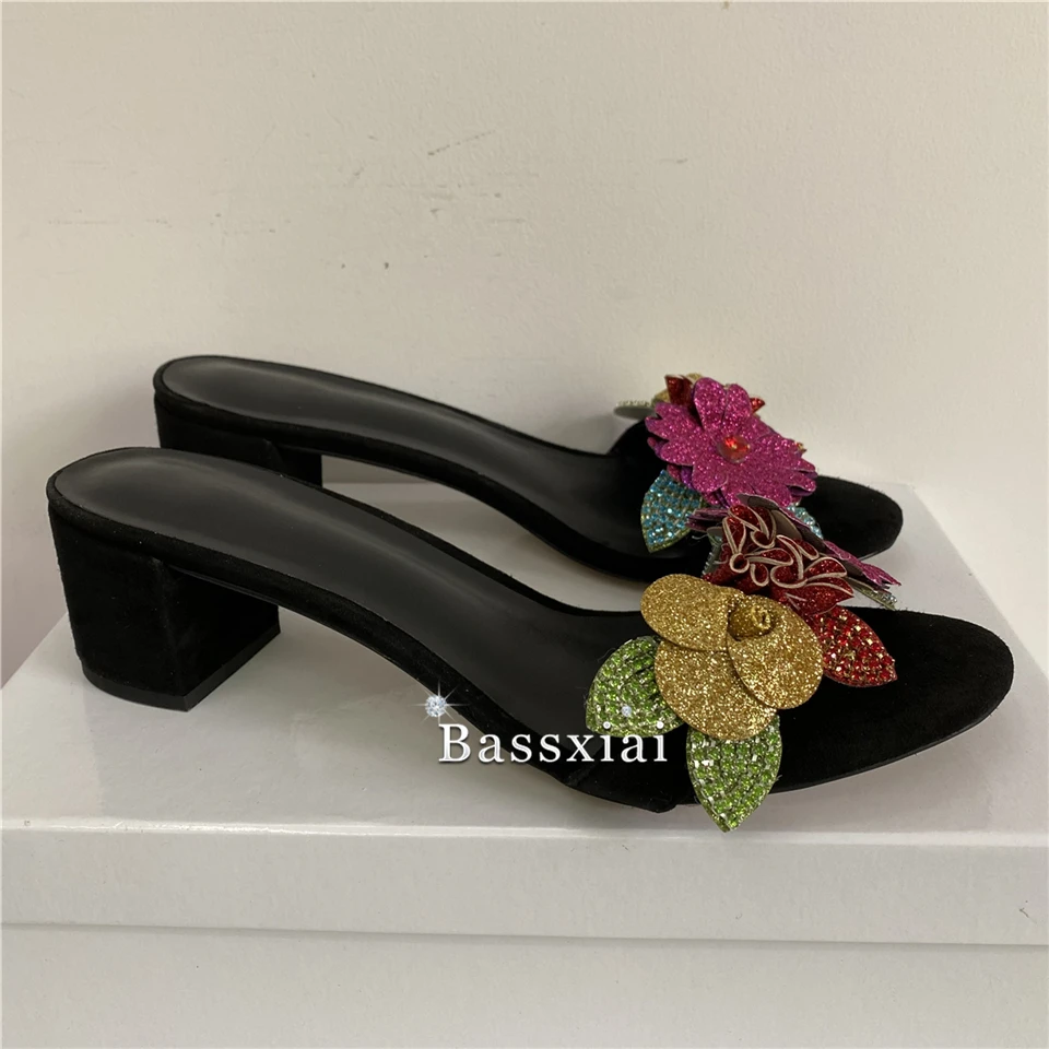 Colorful Sequins Crystal Flower Sandals Women Luxury Suede Slingbacks Med Heel Open Toe Summer Mules For Girls