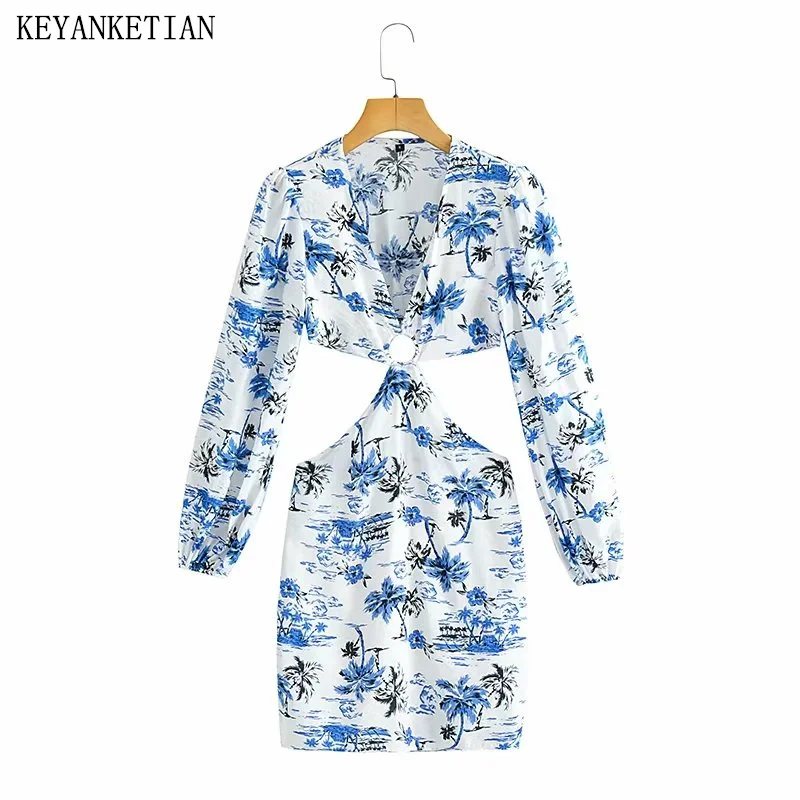 

KEYANKETIAN Autumn New Women's Hollow Waist Leaves Print Dress Retro Chic Design Sense Slim Long Sleeve Zipper Mini Dress