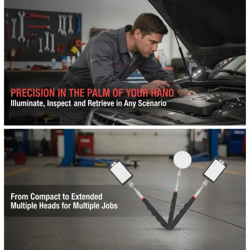 Telescopic 360 Swivel Car LED Inspection Mirror Flexible Extendable for Vehicle Repair Chassis Gap Check Home DIY