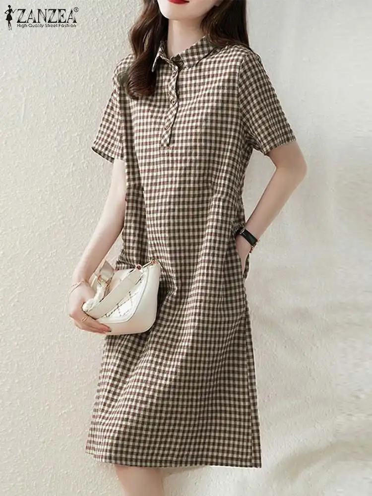 ZANZEA Women Plaid Long Shirt Dress 2024 Summer Short Sleeve Midi Dress Fashion Office Lapel Neck Robe Casual Loose Lady Vestido