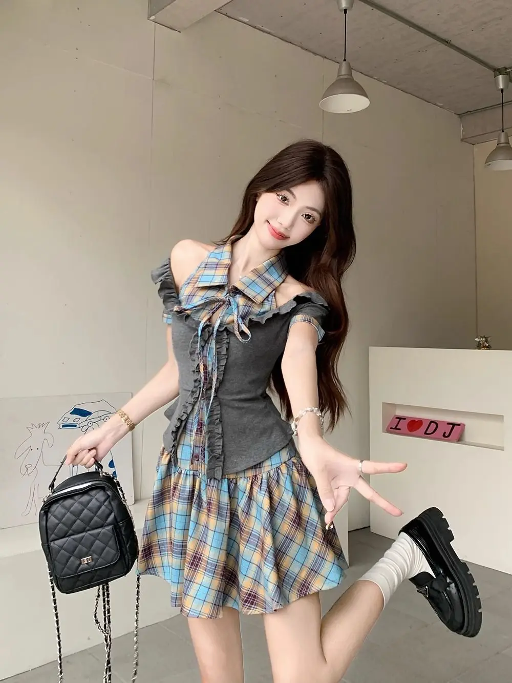 

Summer New Women's Plaid Collar Dr ort Sve Two-Piece Set College Sle Dopane Clothing ort Pants Ensemble