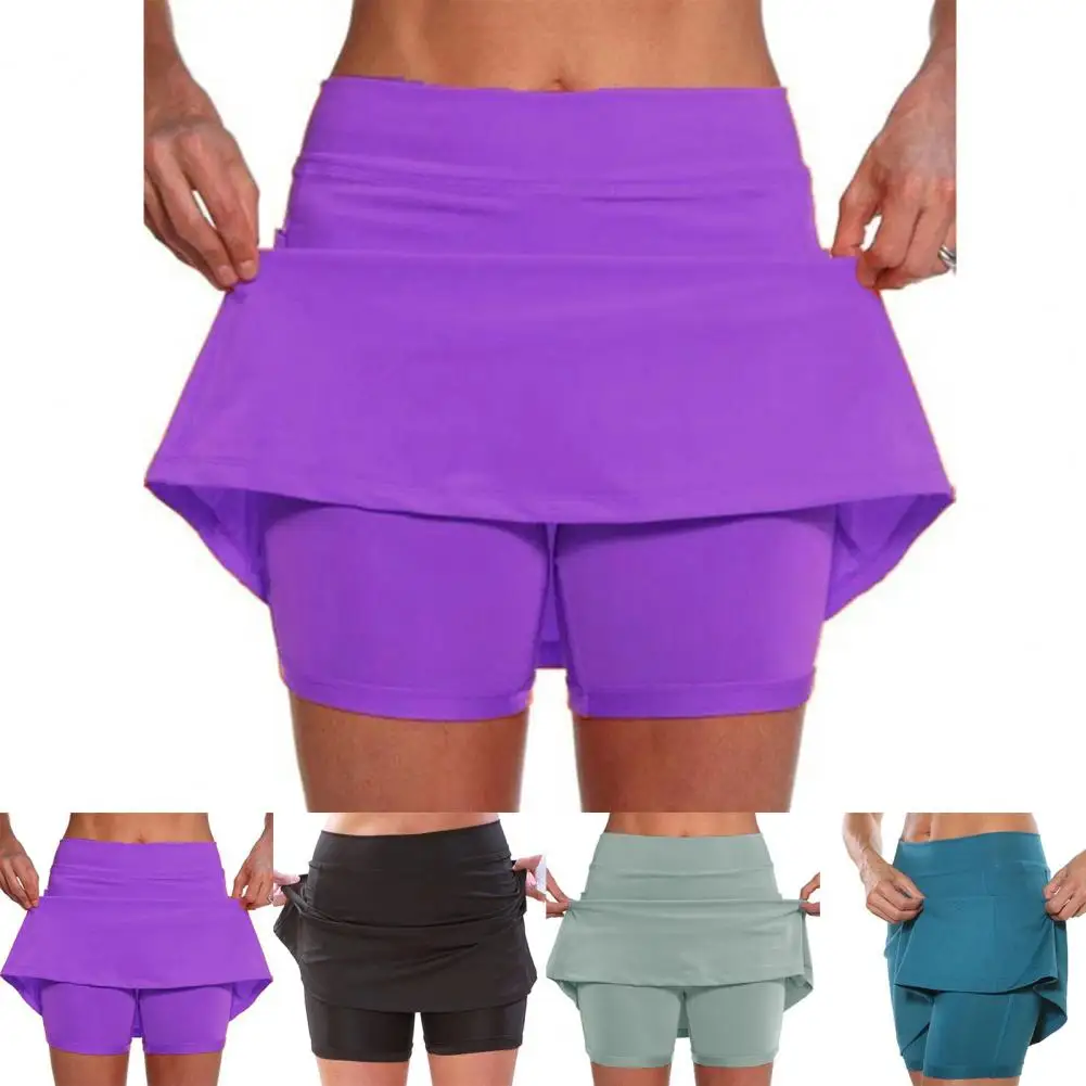 Trendy Solid Color Mid Waist Solid Color Shorts Skirt High Elastic Wrinkle Resistant Yoga Shorts Skirt Sportwear