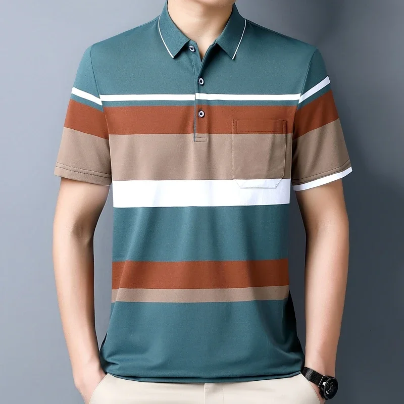 New Men\'s Color Woven Striped Short Sleeved POLO Shirt Cotton Summer Casual Top