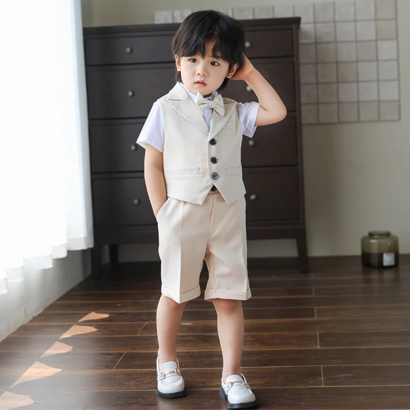 Children Boy Summer Blue Vest Shirt Shorts Suit Kids Boys Birthday Party Outfit Gemtleman Formal Wedding Suit 1-10Y Kid Boy Suit