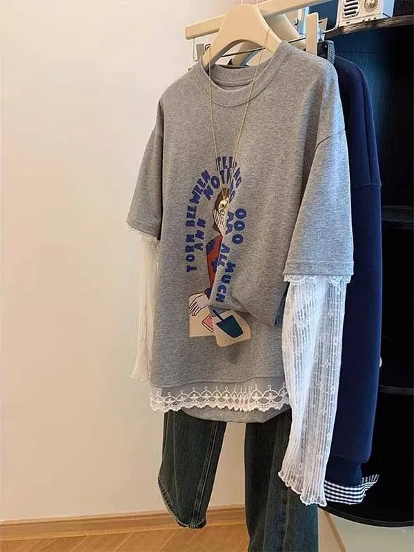 

plus Size 300 Pou Me Splicing Fake Two-Piece ort Sve T-irt Women's Thin Korean Sle New Design Top Breathable