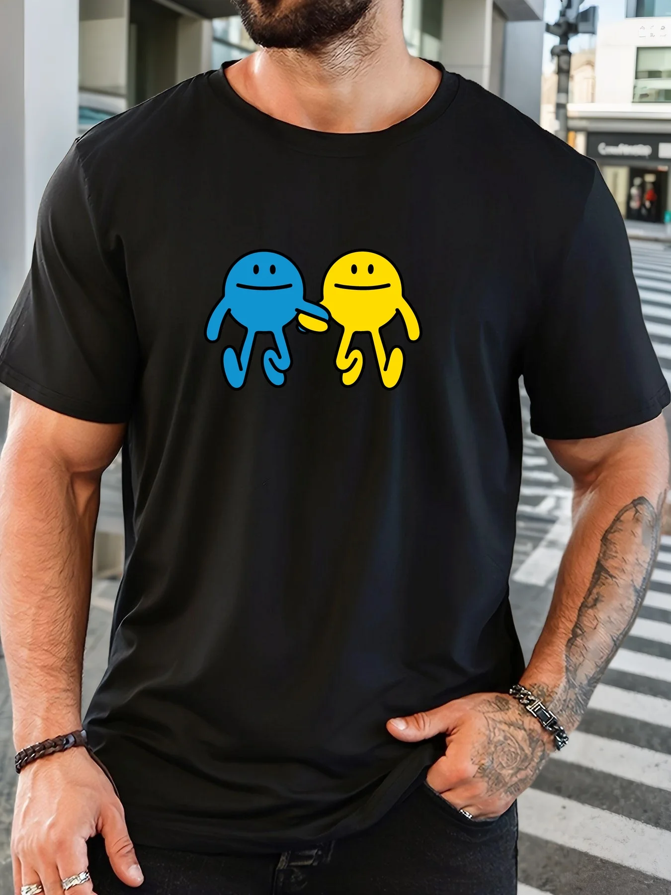 Fashion Mens Black Basic Tee Minimal Blue Yellow Hand In Hand Smiley Character Peace Friendly Casual Short Sleeve Shirts