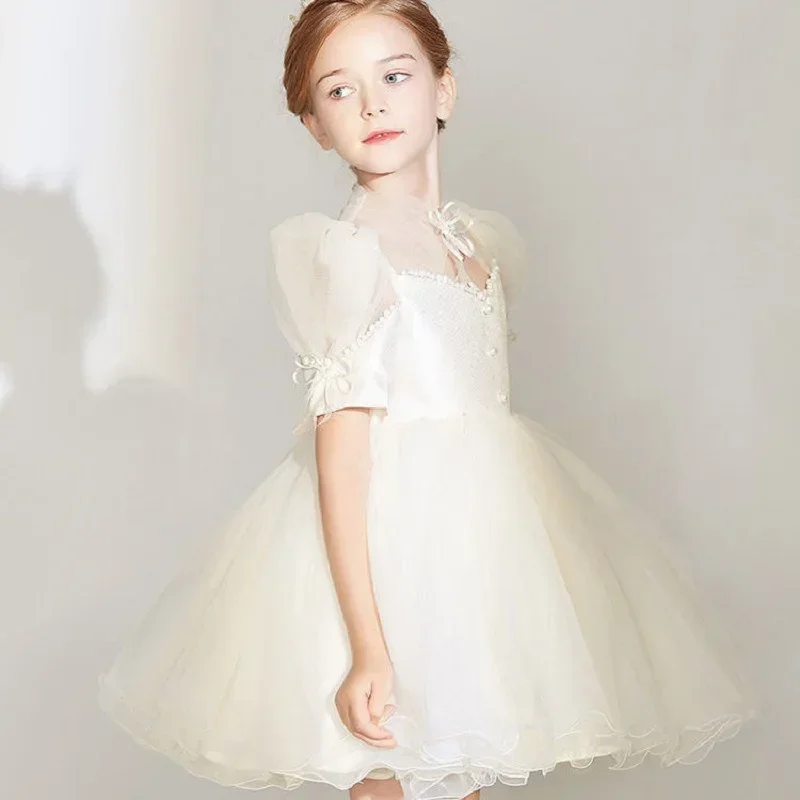 

Fashion Baby Girl Princess Tutu Dress Pearl Puff Sleeve Infant Toddler Bow Vintage Vestido Party Pageant Baby Clothes 1-10Y