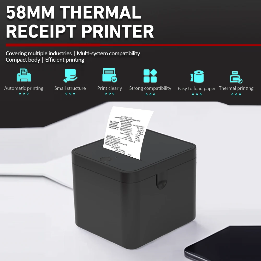 58mm Receipt Printer POS Printer USB+BT Desktop Direct Thermal Printing Compatible with Support ESC/POS for Shipping Business