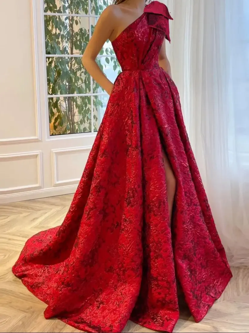 

Elegant One Shoulder Red Chic Bow Women Printing Flower Prom Dresses Long Ball Gown Formal Evening robes de soirée فساتين سهرة