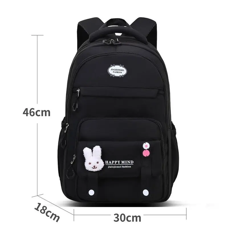 Pink Cute Rabbit School Backpack For Girls Student Bag With Bunny Pendant Large Capacity Waterproof Children Casual Daypack