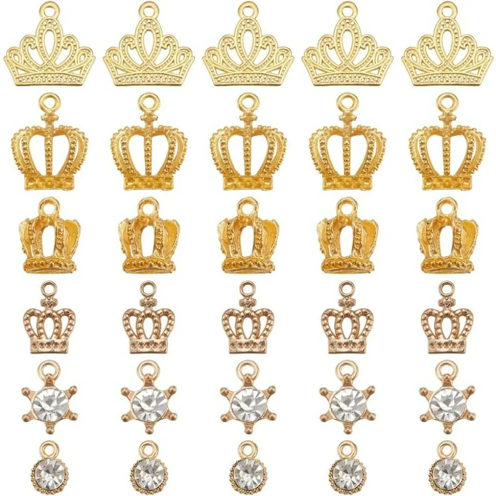 60pcs Crown Charms 6 Styles 3D Mini Rhinestone Crystal Pendants Crafts King Queen Charms for Valentine's Day