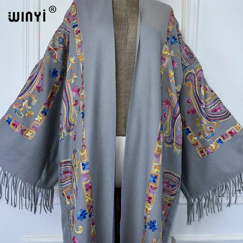 WINYI kimono Embroidered tassel long down cardigan winter coats for women abaya dubai luxury Middle East fashion dresses womens