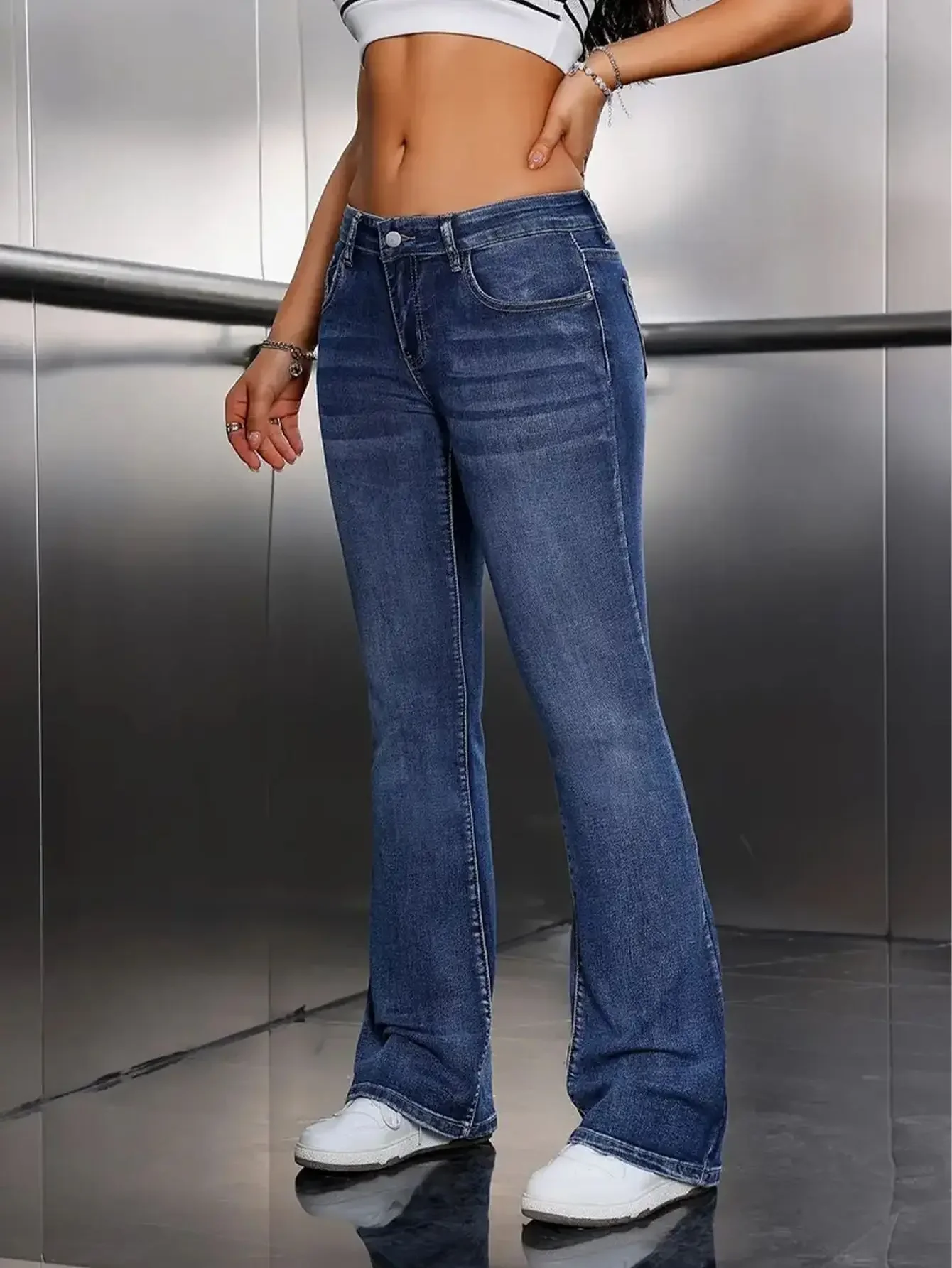 Y2k Jeans For Woman Blue Stretch Flare Denim Pants Vintage Retro Fashion Minimalist Elastic Waist Comfort Fit 2025 Trendy
