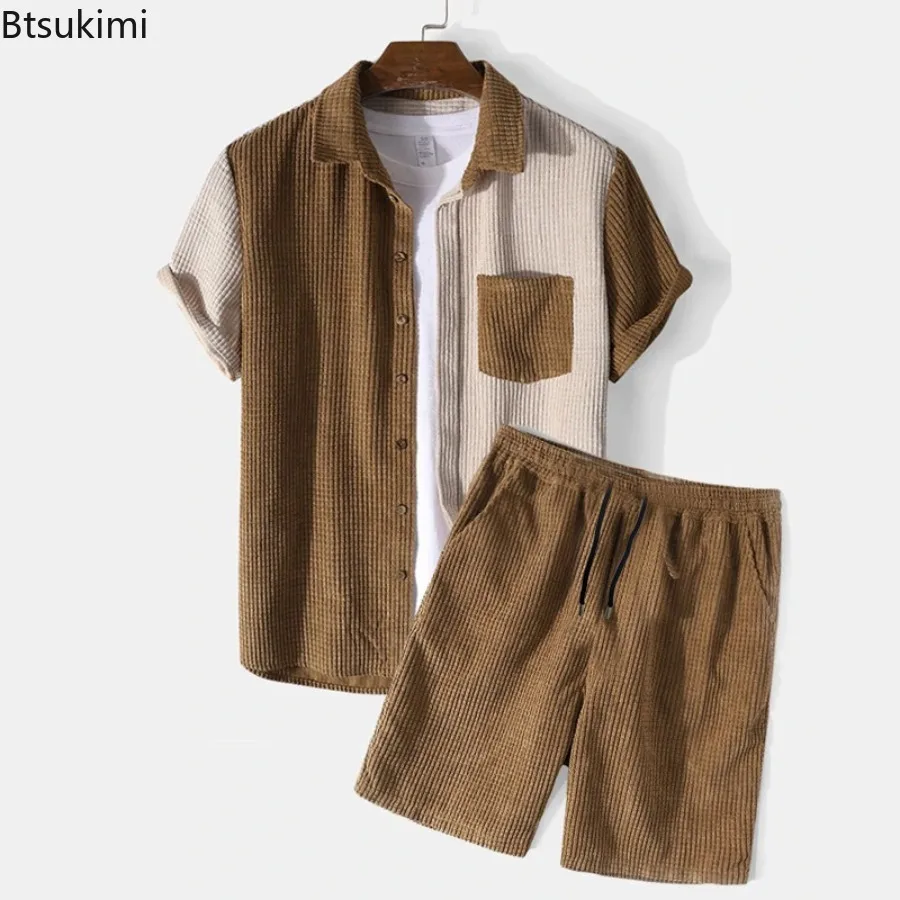 High Quality Men's Summer Corduroy Casual Sets Fashion Patchwork Short-sleeved Shirt and Drawstring Shorts Men Waffle Two-pieces